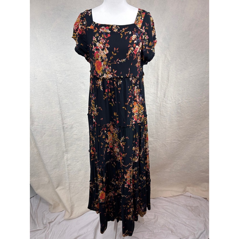 Natural Life Floral Tiered Maxi Dress Black Short Sleeve Square Neck Rayon Small